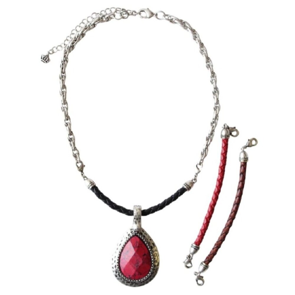 Premier Designs Reversible Pendant Necklace Red White‎ Braided Cord Set